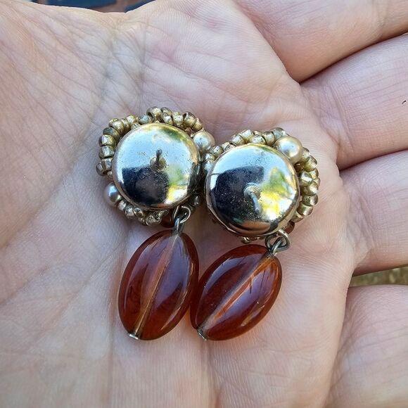 Vintage Faux Pearl and Lucite Dangle Post Back Beaded Earrings - Picture 2 of 2